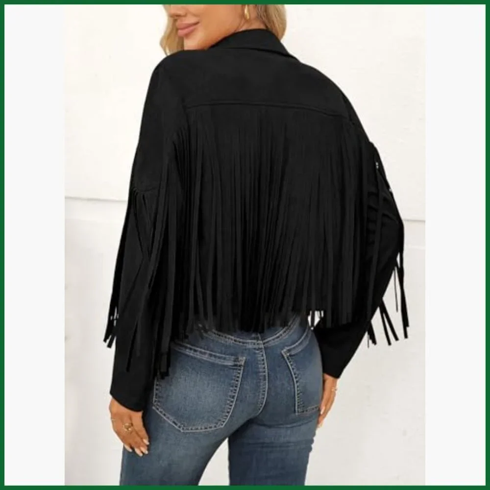 Faux Suede Leather Cropped Fringe Jacket Western Biker Style - Picture 4 of 6